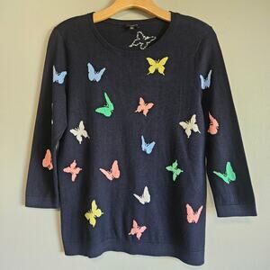 Talbots Sweater Size Petite M Navy Pastel Butterfly Print 3/4 Sleeve Lightweight